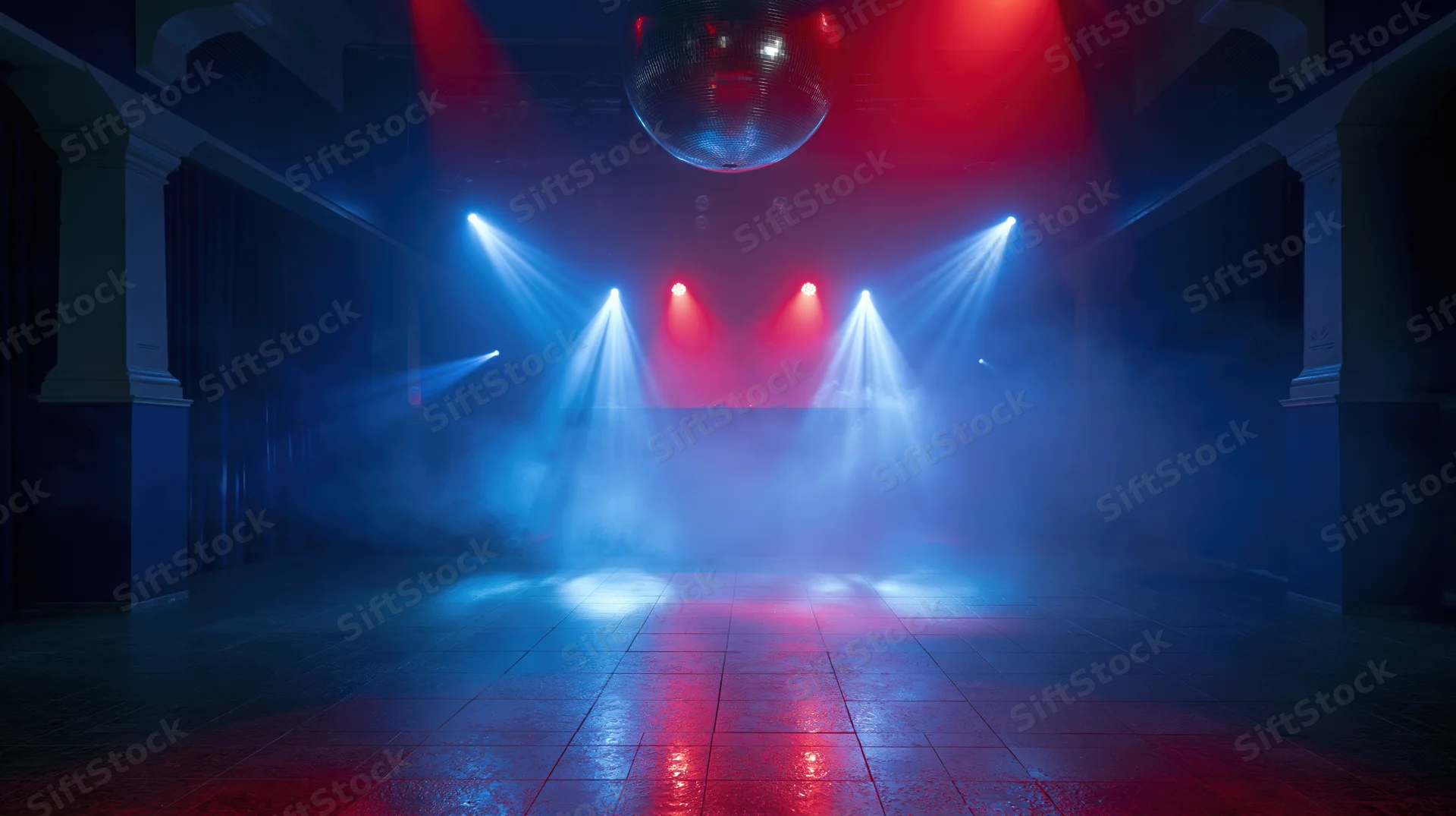 Empty nightclub dance floor illuminated by red and blue spotlights with a disco ball hanging above, surrounded by smoke and tiled flooring