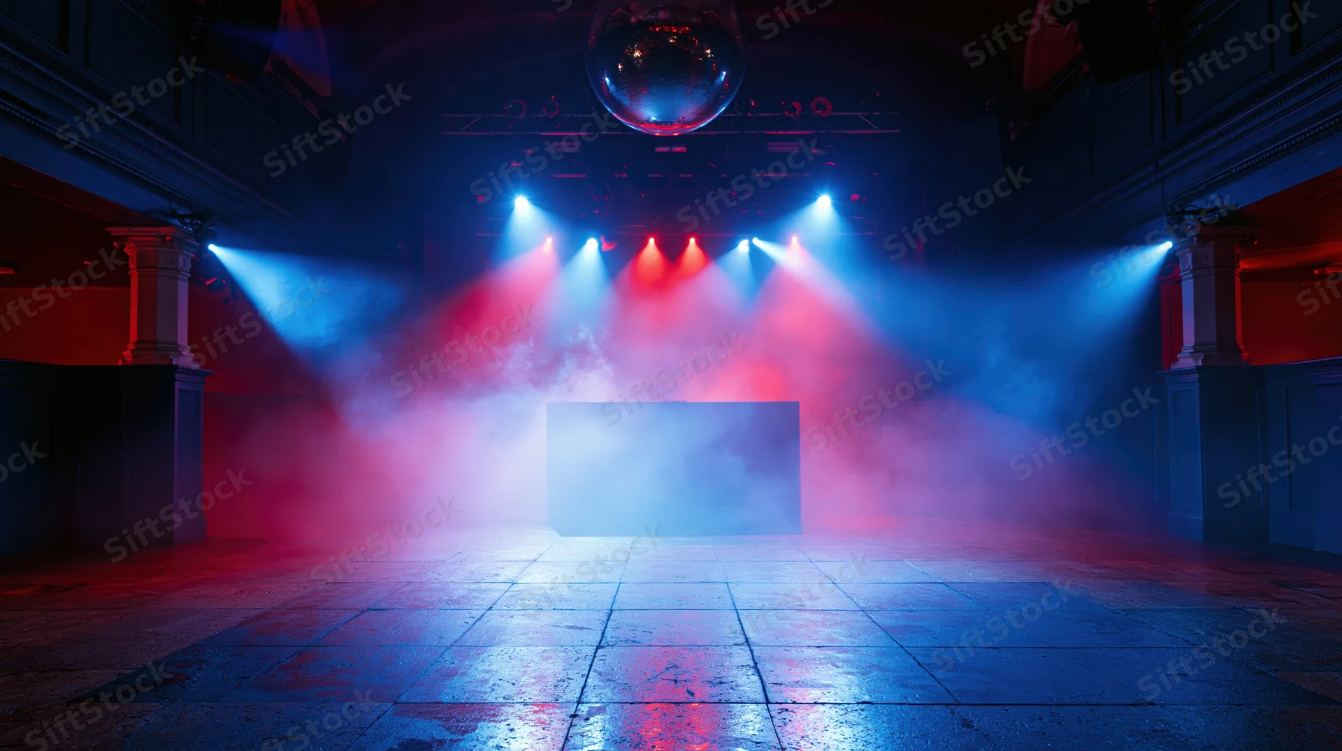 Empty nightclub dance floor illuminated by red and blue spotlights with a mirrorball above and smoke filling the space