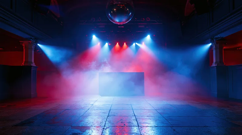 Empty nightclub dance floor illuminated by red and blue spotlights with a mirrorball above and smoke filling the space
