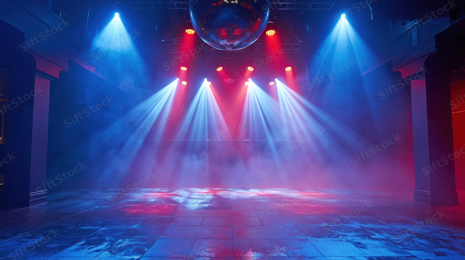 Empty nightclub dance floor illuminated by blue and red spotlights with a disco ball hanging above, surrounded by columns and fog