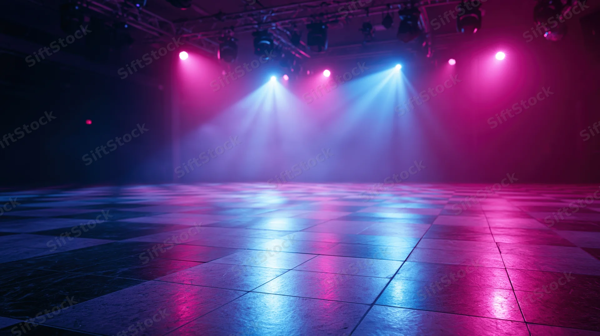 Empty nightclub dance floor with checkered tiles under colorful spotlights