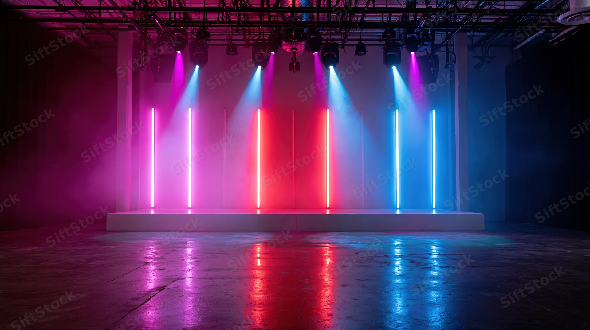 Empty stage with neon lights and spotlights in a nightclub interior
