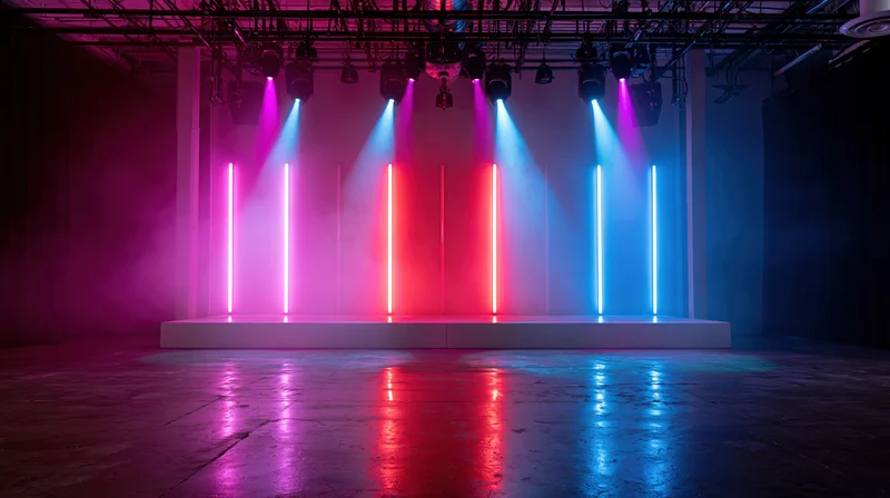 Empty stage with neon lights and spotlights in a nightclub interior