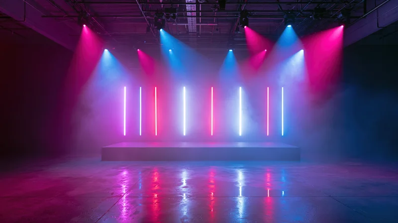 Empty stage with neon lights and smoke in a nightclub venue