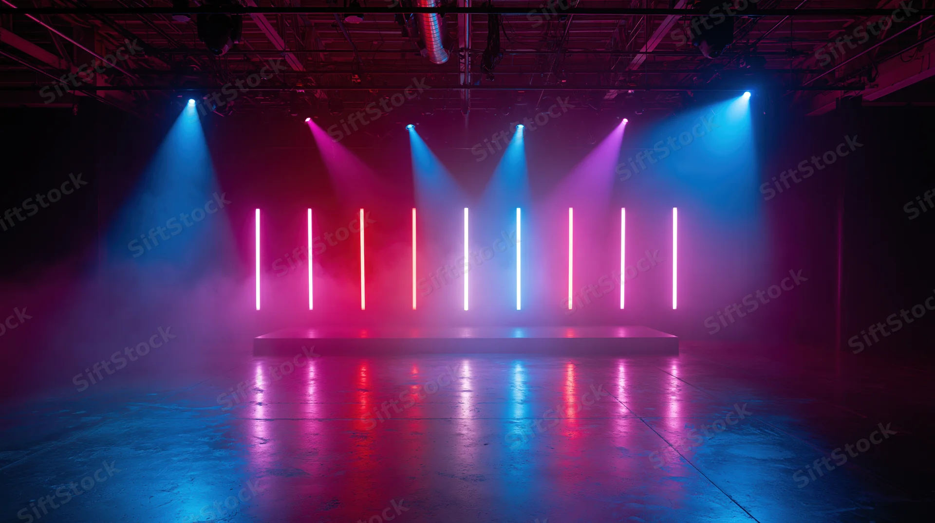 Empty nightclub stage with neon lights and smoke under spotlights