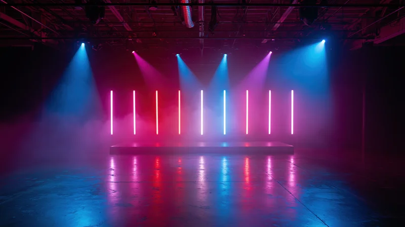 Empty nightclub stage with neon lights and smoke under spotlights
