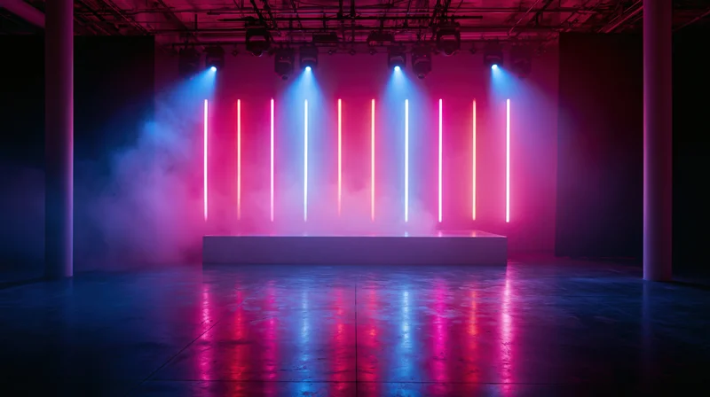 Empty concert venue stage with neon lights and smoke under spotlights