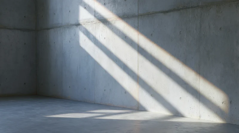 Empty raw concrete room with sunlight casting diagonal shadows on walls and floor
