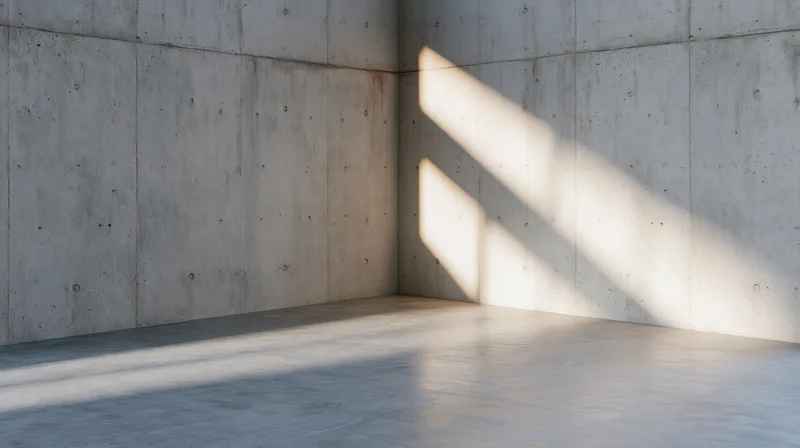 Empty raw concrete room with sunlight casting shadows on walls and floor