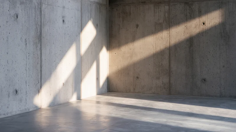 Empty raw concrete room with sunlight casting shadows on walls and floor