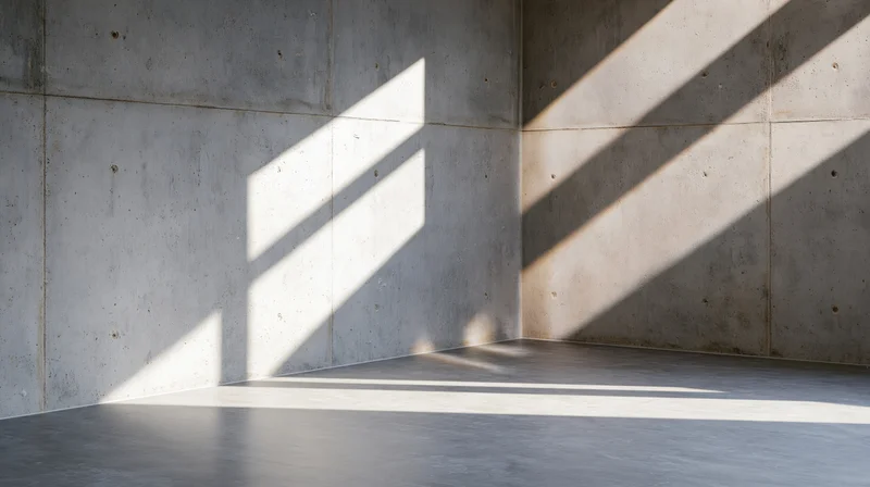 Empty raw concrete room with sunlight casting geometric shadows on walls and floor