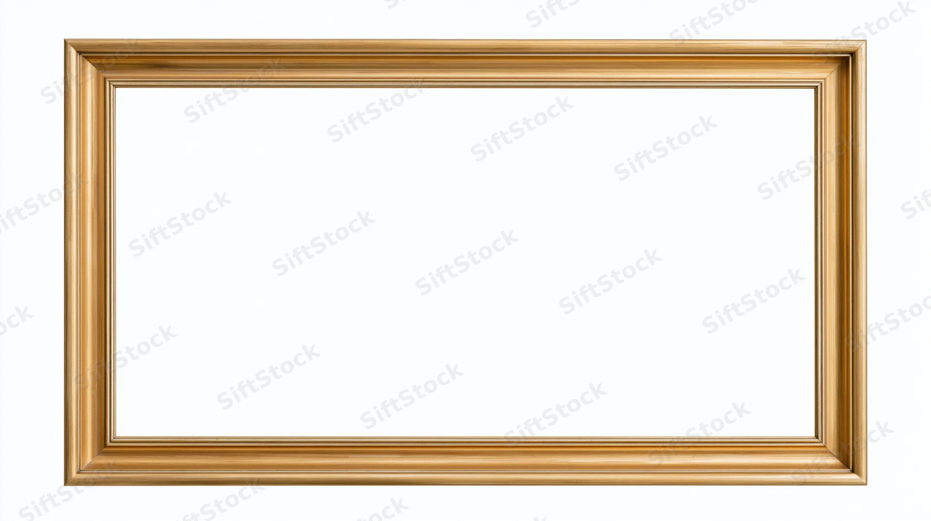Empty rectangular gold picture frame with simple molded edges isolated on white