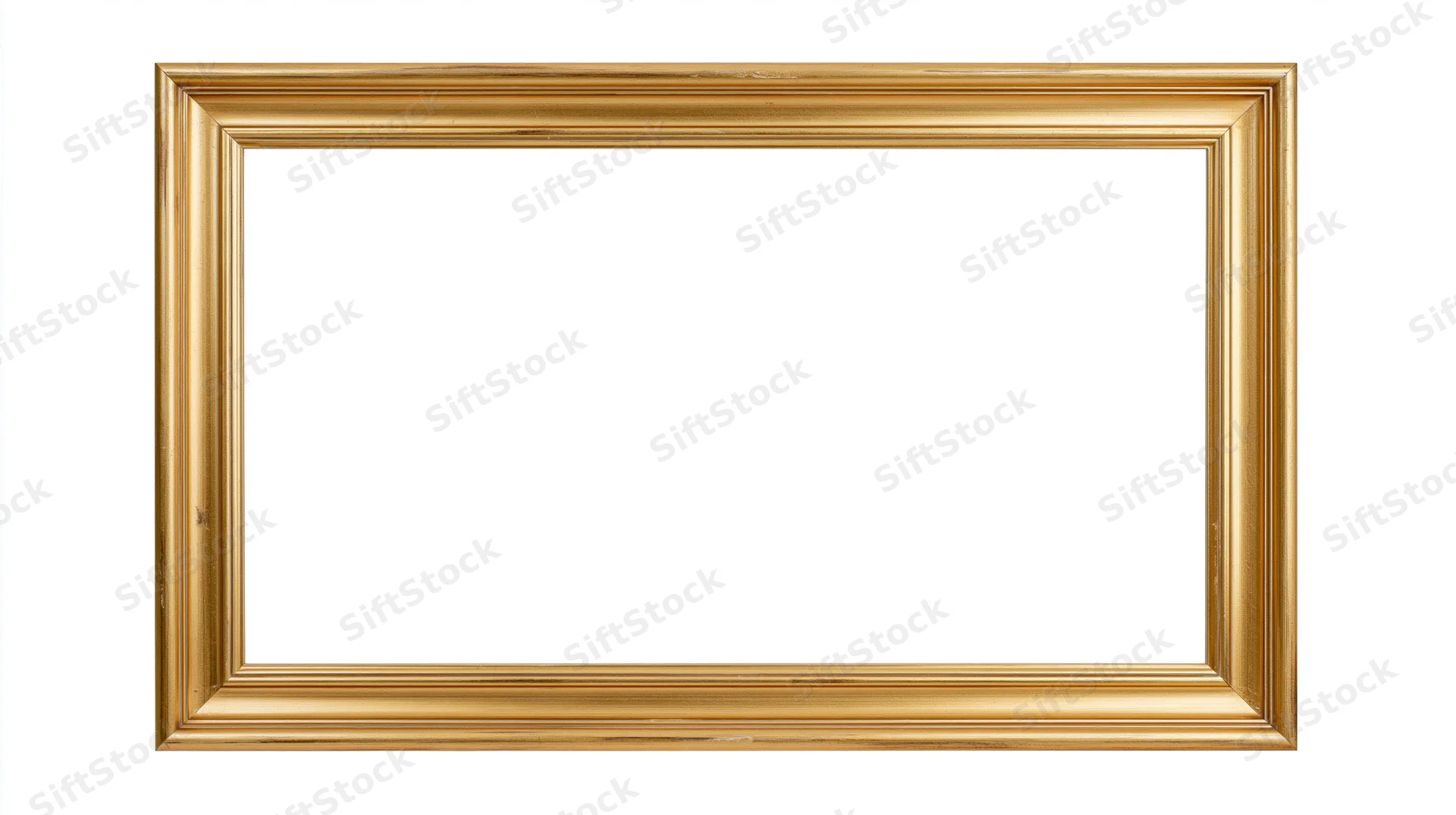 Empty rectangular gold picture frame with molded edges on white background