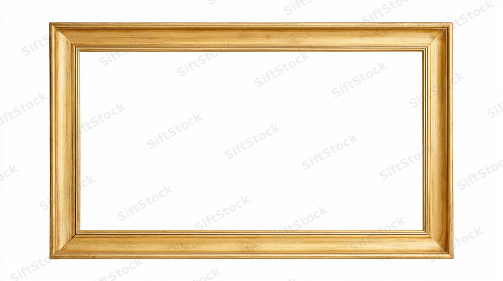 Empty rectangular gold picture frame with simple molded edges on white background