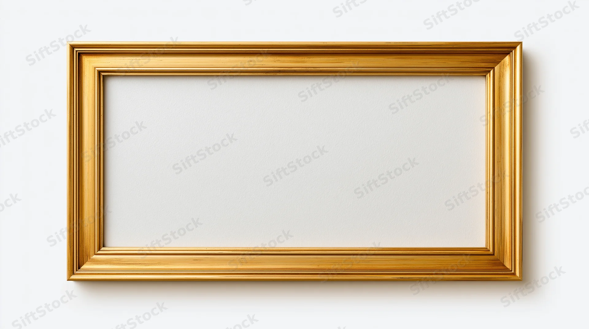 Empty gold picture frame with ornate molded edges hanging on a white wall