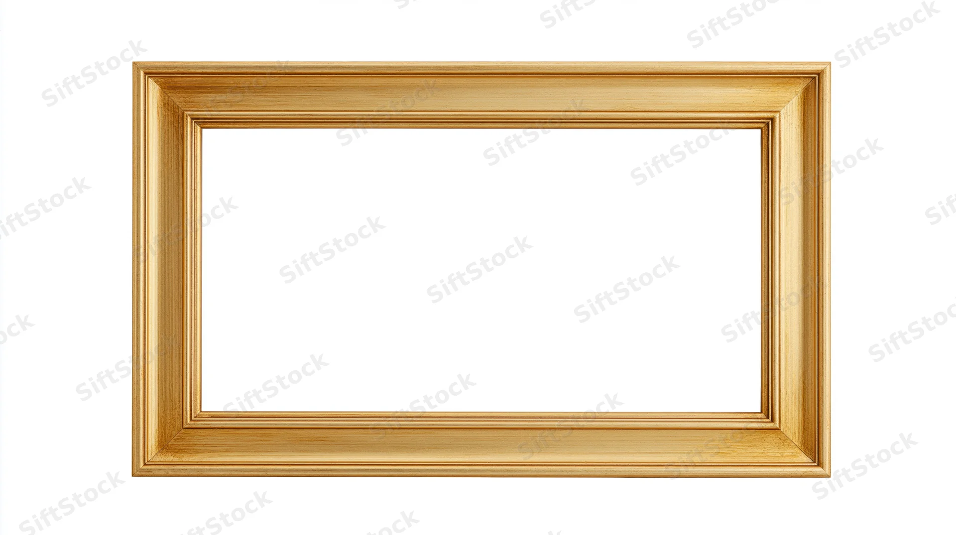 Empty rectangular gold picture frame with simple molding detail isolated on white