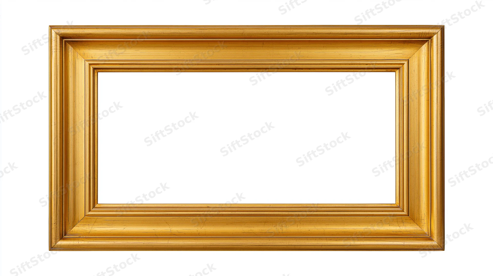 Empty gold picture frame with ornate molding isolated on white background