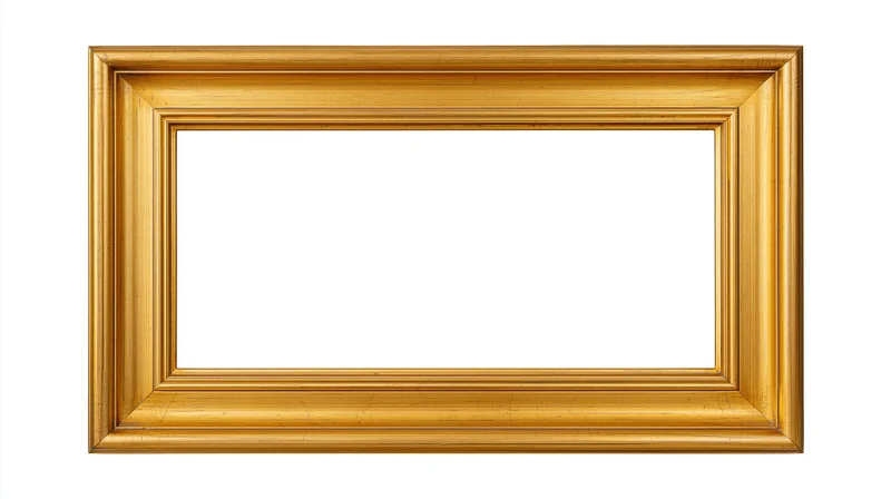 Empty gold picture frame with ornate molding isolated on white background