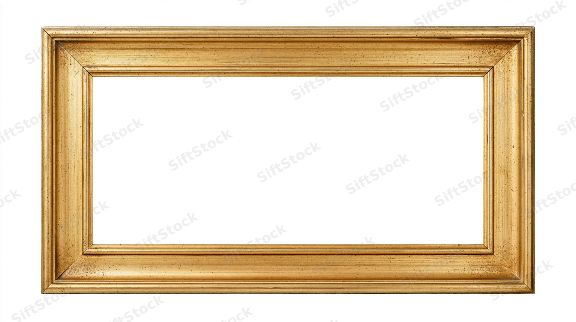 Empty gold picture frame with simple molding detail isolated on white background