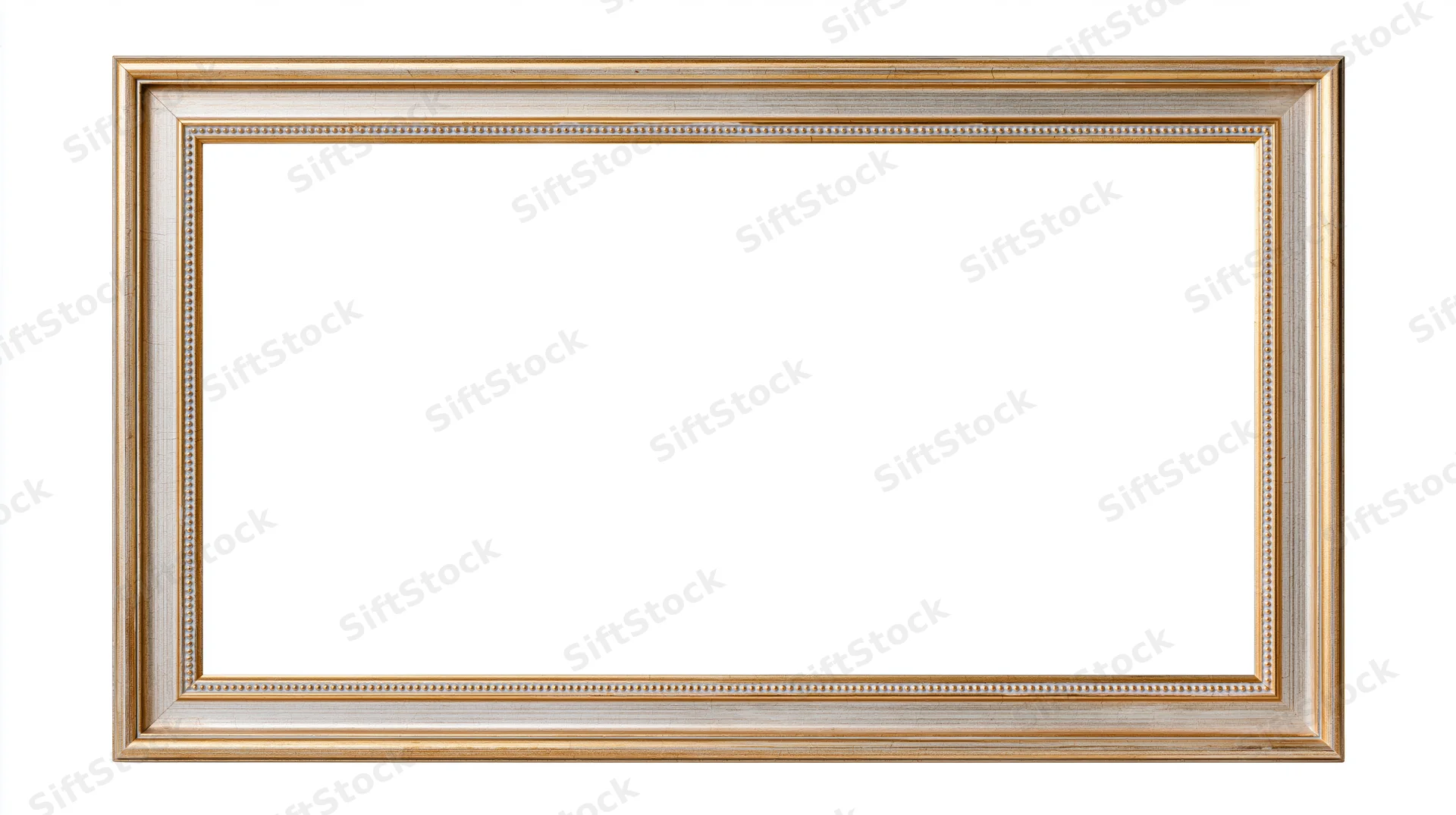 Empty rectangular picture frame with gold and silver ornate border isolated on white background