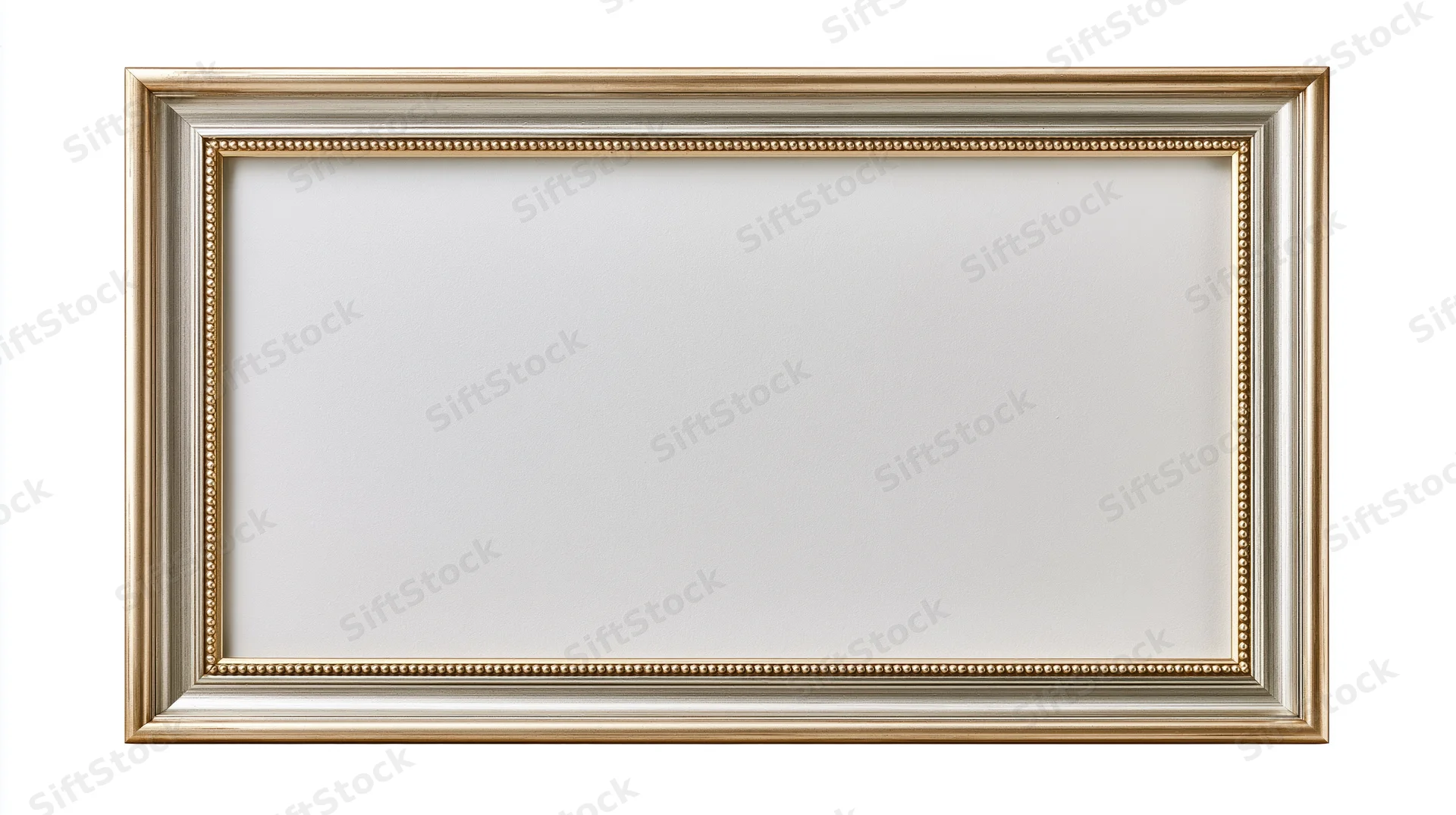 Empty rectangular picture frame with gold and silver ornate border on white background