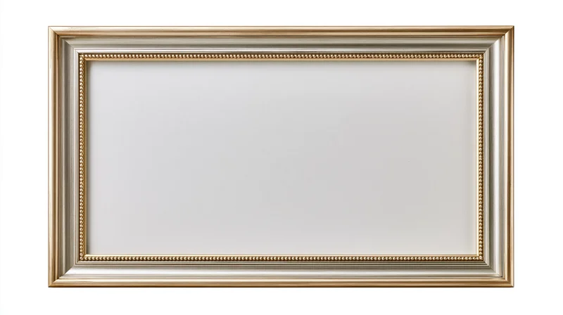 Empty rectangular picture frame with gold and silver ornate border on white background