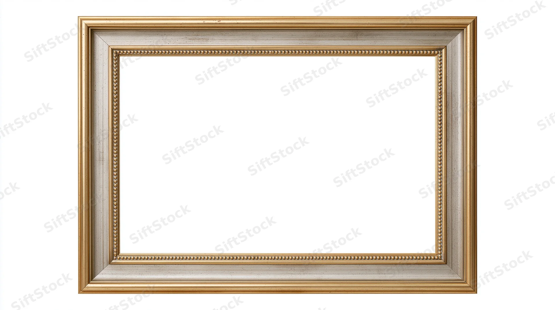 Ornate gold and silver rectangular picture frame with beaded trim on white background
