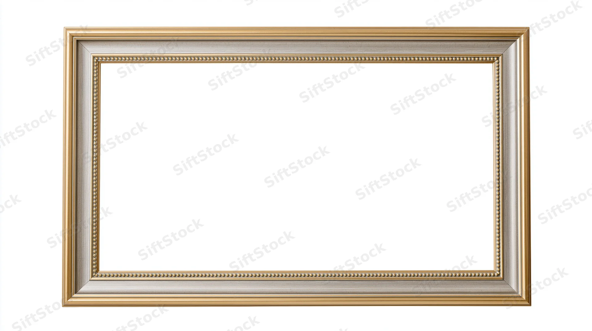 Ornate gold and silver rectangular picture frame with beaded trim on white background