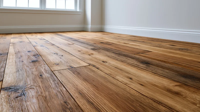 Wide reclaimed oak hardwood flooring in an empty room corner with white walls and window