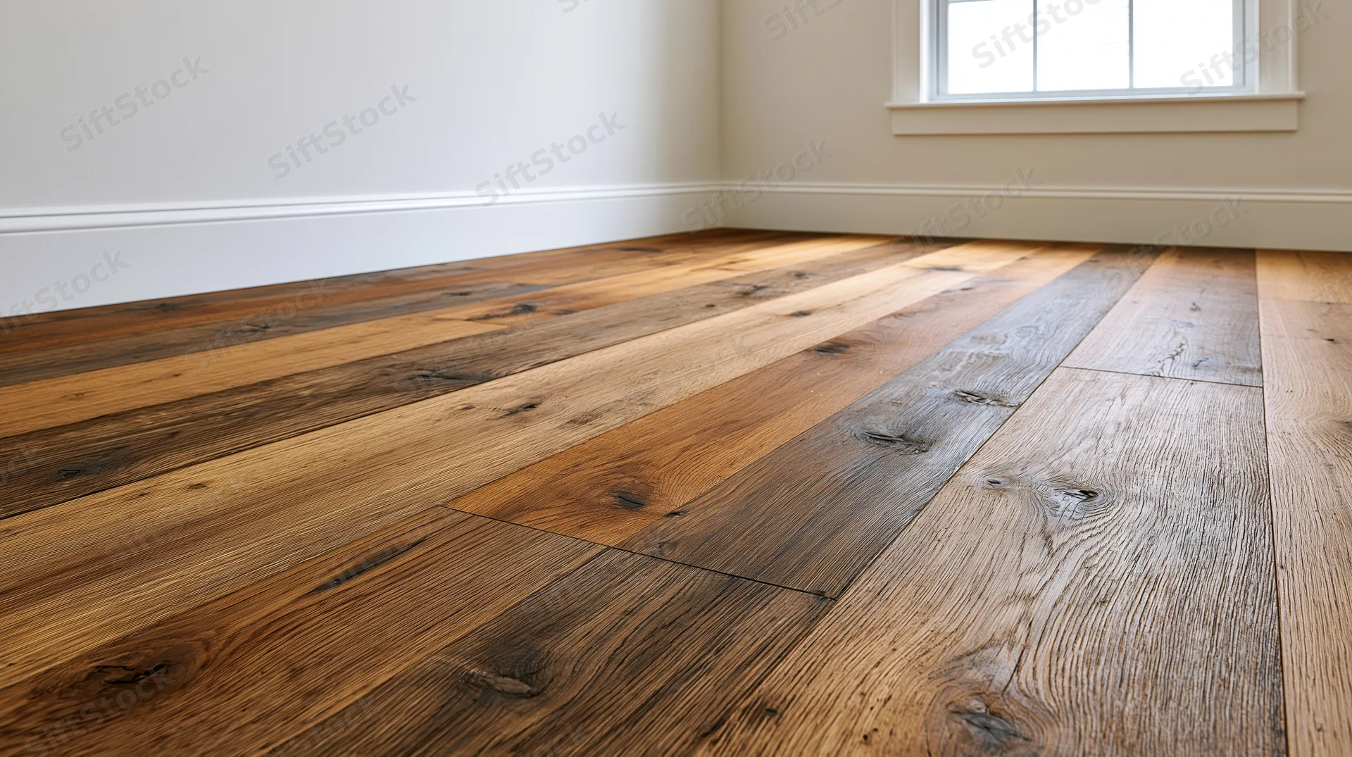 Wide reclaimed oak hardwood flooring in an empty room corner with white walls and a window