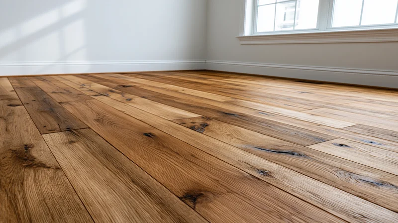Wide reclaimed oak hardwood flooring in an empty room corner with sunlight through a window