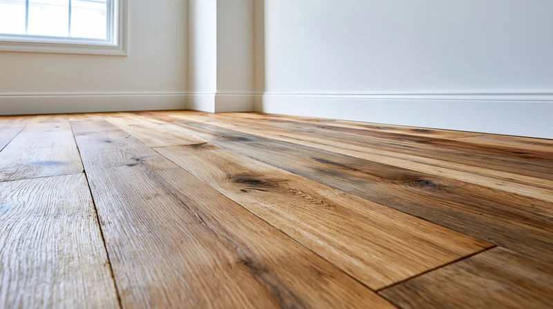 Wide reclaimed oak hardwood flooring in an empty room corner with white walls and baseboards near a window