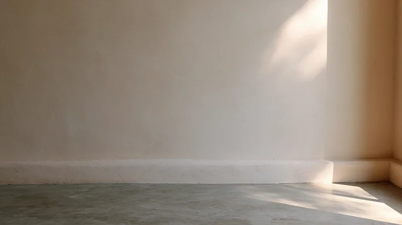 Empty room interior with bare plaster wall and concrete floor, sunlight casting shadows in corner