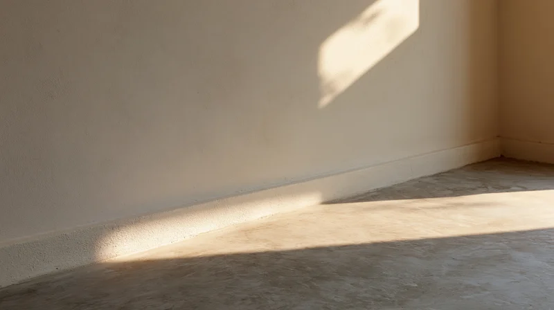 Empty room interior with bare plaster wall and concrete floor lit by natural sunlight casting shadows in corner