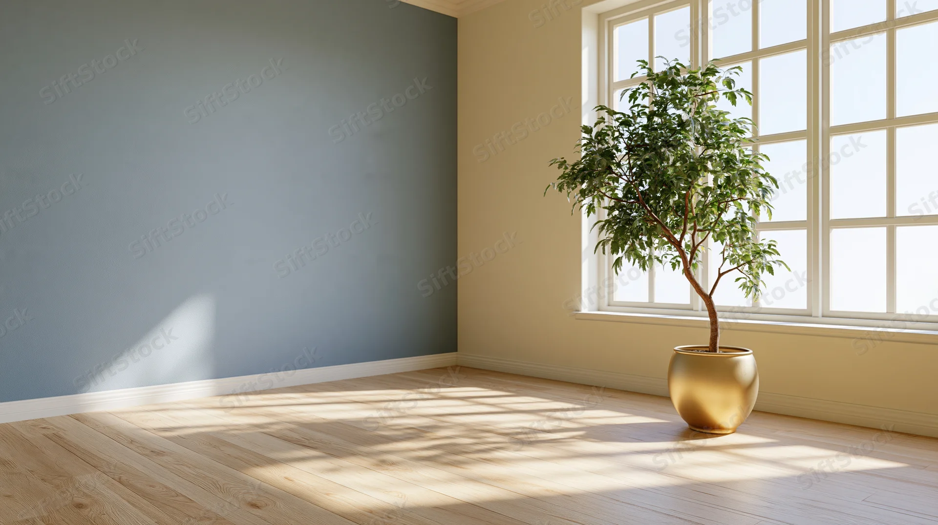 Empty room with hardwood floor and potted plant by window