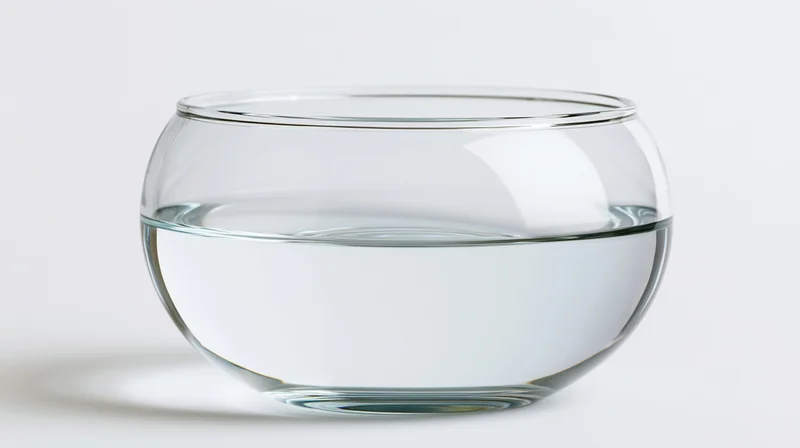 Round glass fishbowl half-filled with clear water on white background