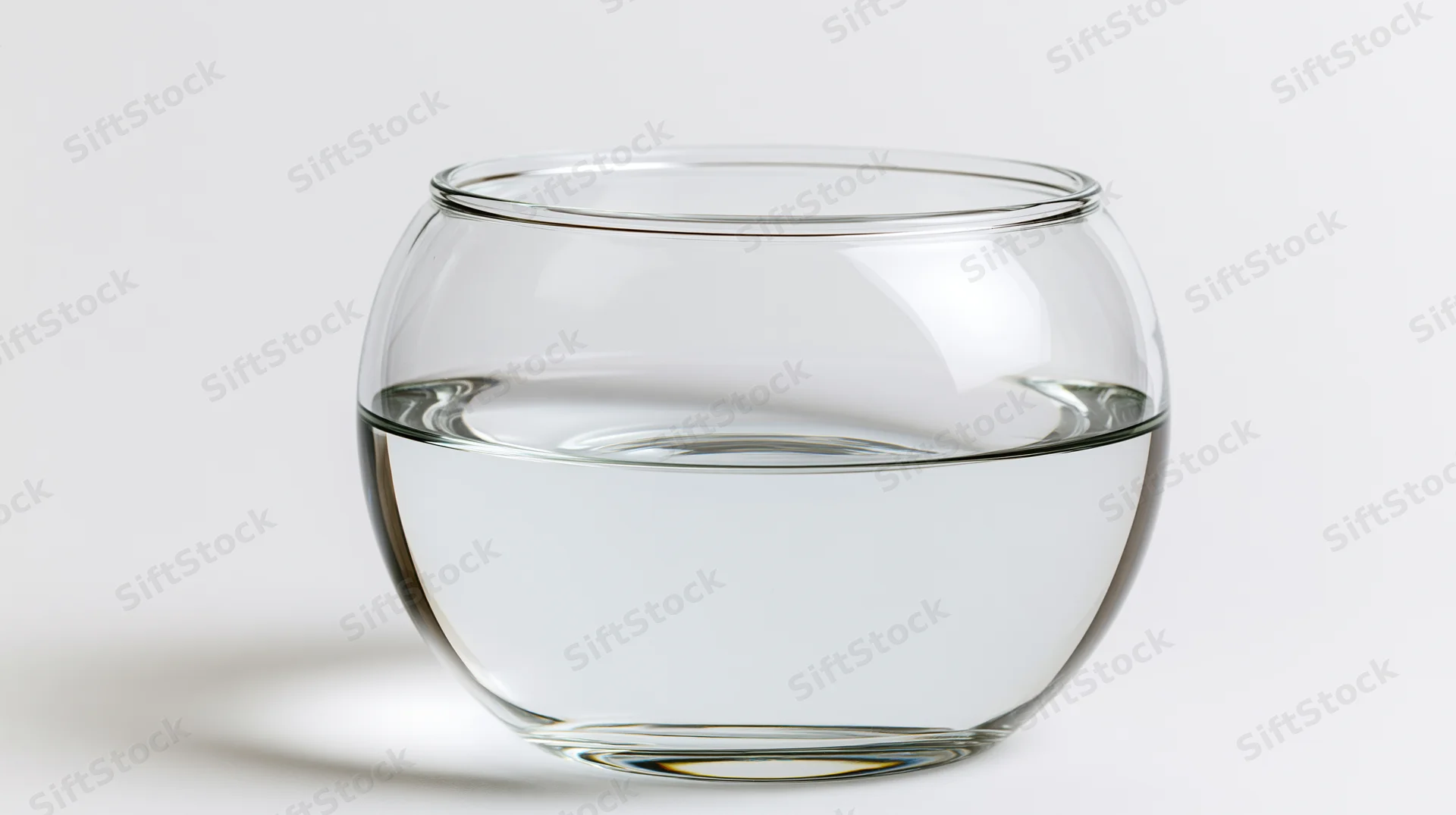 Round glass fishbowl half-filled with clear water on white background