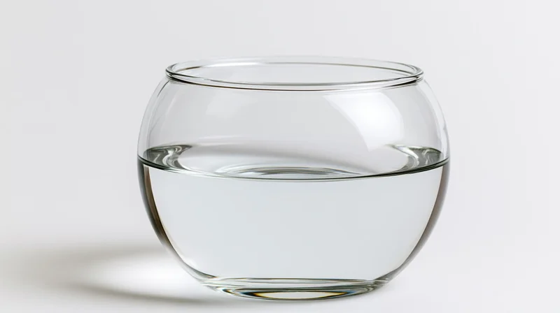 Round glass fishbowl half-filled with clear water on white background
