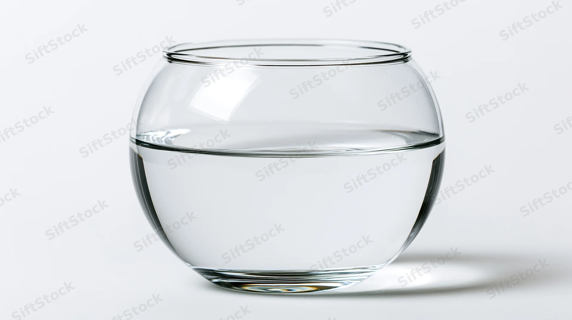 Round glass fishbowl half-filled with clear water on white background