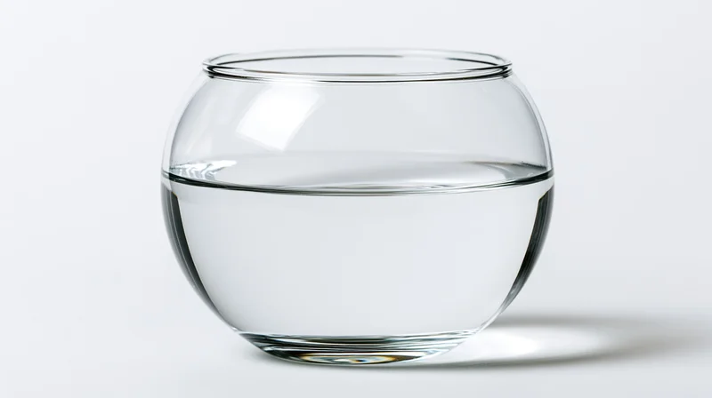 Round glass fishbowl half-filled with clear water on white background