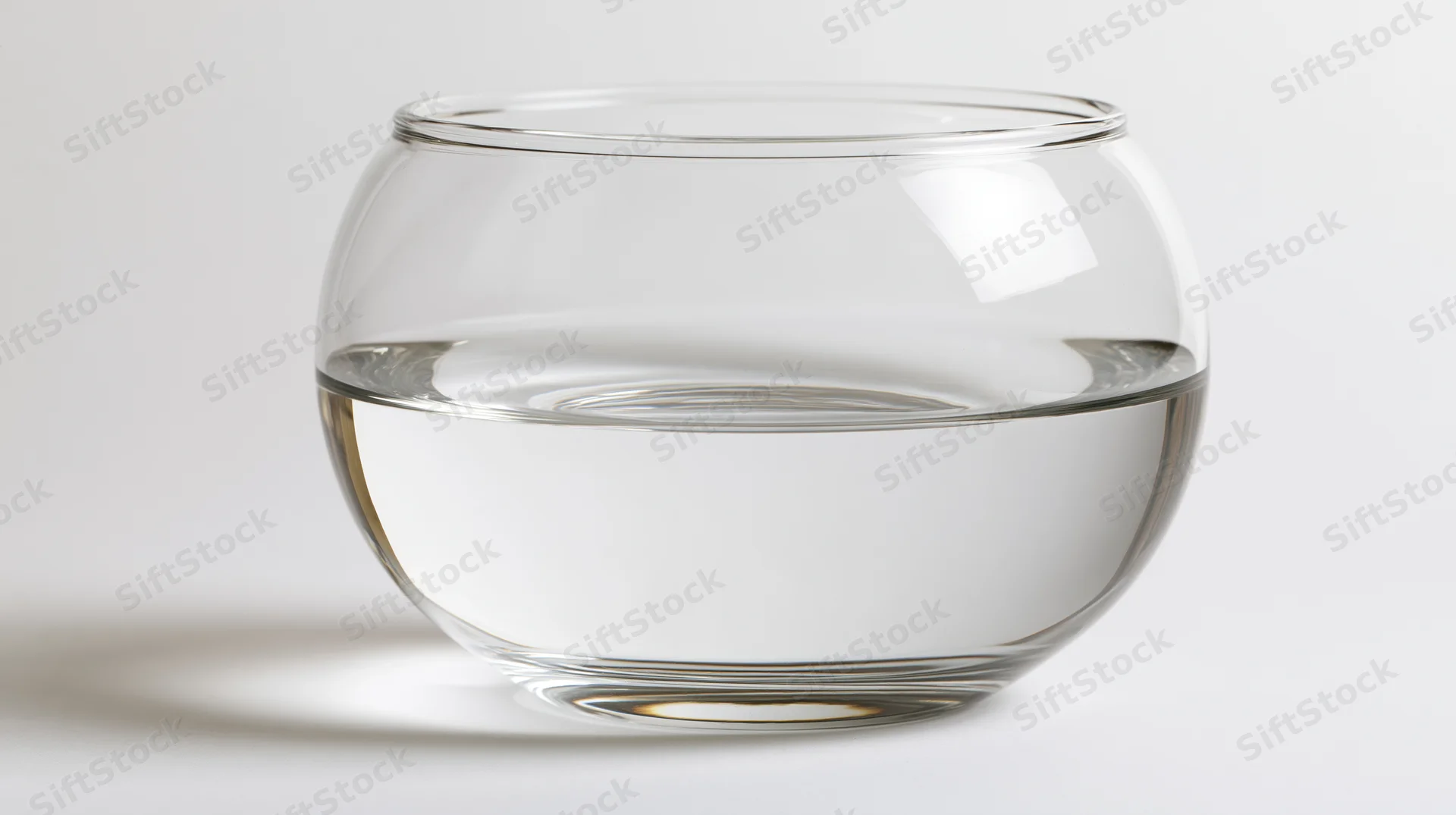 Round glass fishbowl half-filled with clear water on white background
