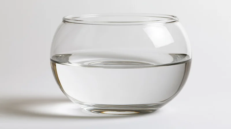 Round glass fishbowl half-filled with clear water on white background