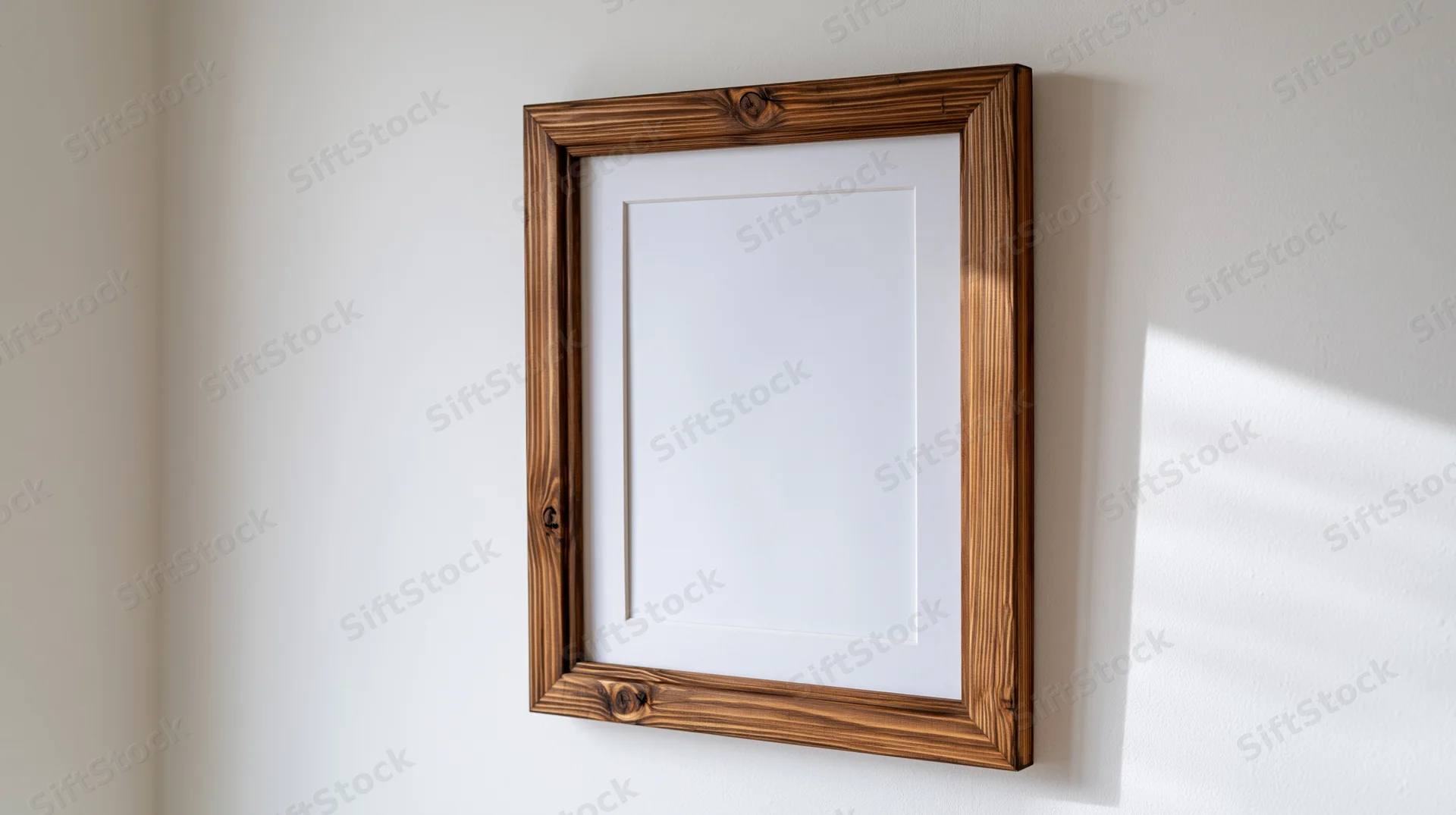 Rustic wooden picture frame hanging on a white wall with sunlight casting shadows