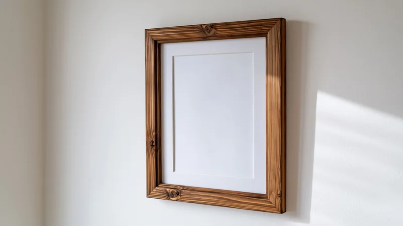Rustic wooden picture frame hanging on a white wall with sunlight casting shadows