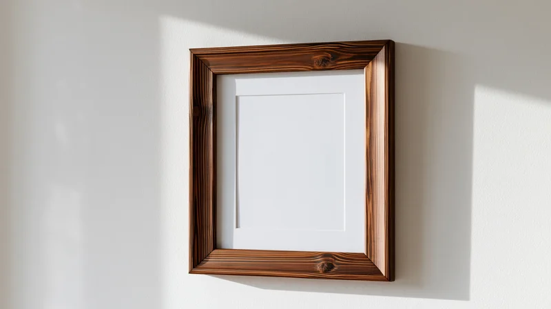 Rustic wooden picture frame hanging empty on a white wall with sunlight casting shadows