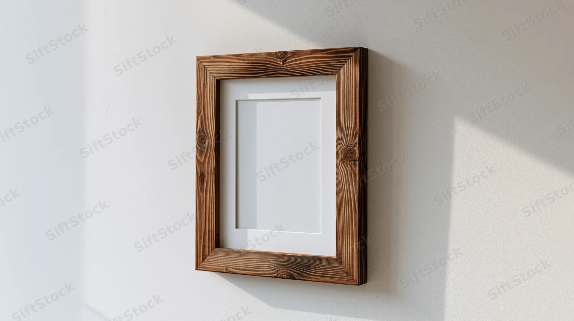 Rustic wooden picture frame hanging on a white wall with sunlight casting shadows
