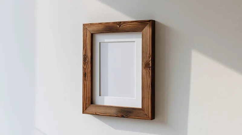 Rustic wooden picture frame hanging on a white wall with sunlight casting shadows
