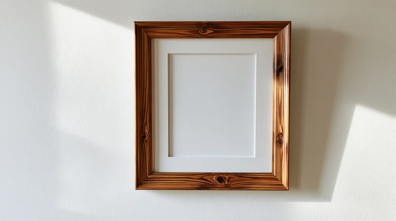Empty rustic wooden picture frame hanging on a plain white wall
