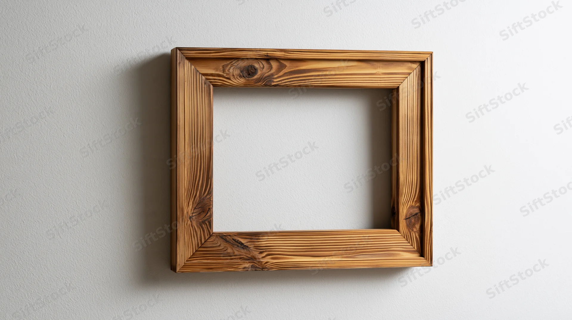 Rustic wooden picture frame hanging on a white wall with visible wood grain and empty center