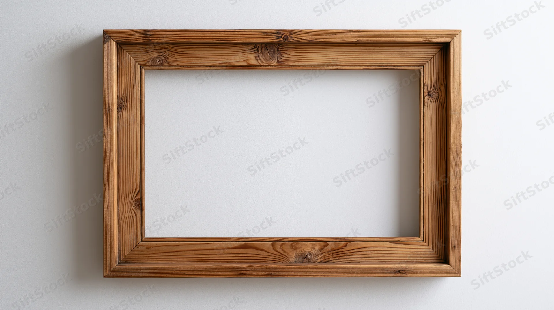 Empty rustic wooden picture frame hanging on a white wall